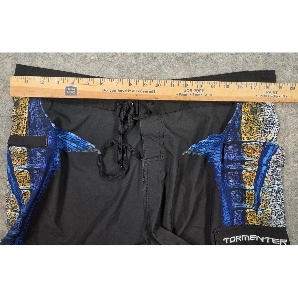 Tormenter Mens Marlin Graphic Board Shorts Black Blue Yellow Size 36 Swim Trunks